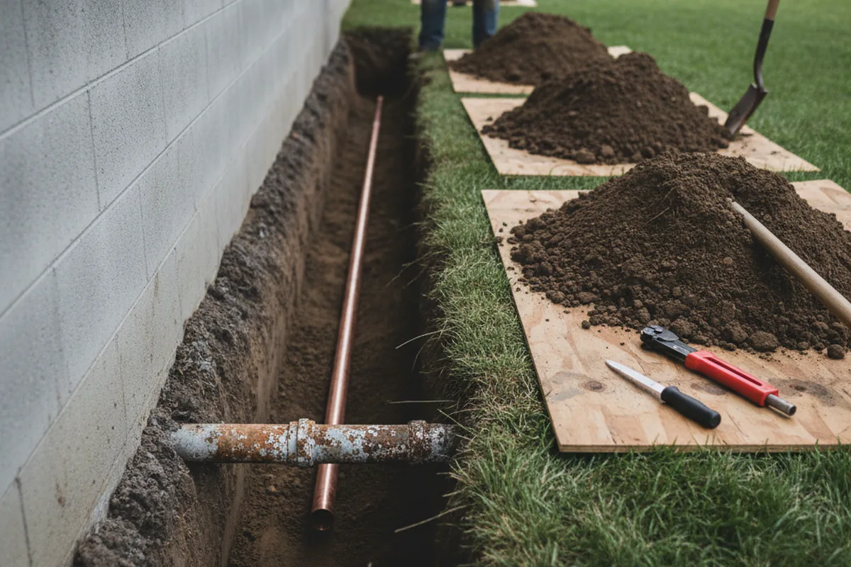 Excavated water line trench during Water Softener Installation in Donner